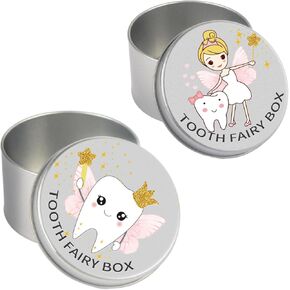 2Pcs Tooth Fairy Box for Boys and Girls, Metal Baby Tooth Box, Lost Baby Teeth Holder, Baby Tooth Keepsake Storage Box, Kids First Teeth Keepsake Box for Lost Teeth Children,Newborn Baby Birthday and in Kuwait