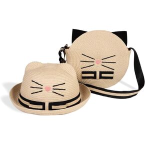 Girl Summer Hat for Girl Toddler Kitty Beach Hat and Bag Set Adjustable Sunhat Beige in Saudi Arabia