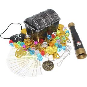 Pirate Treasure Box Toy Set for Kids, Vintage Pirate Pretend Toys for Halloween Cosplay Party Include Treasure Chest, Gold Coins, Gems, Banknotes, Necklace, Earrings, Rings, Eye Patch, Telescope