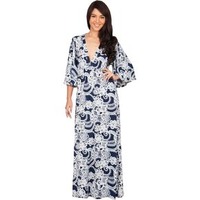 KOH KOH Womens Long Kimono Sleeves V-Neck Floral Print Flowy Summer Maxi Dress