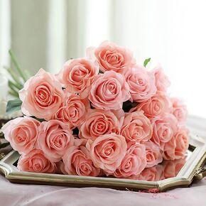Bringsine 10Pcs Blush Foam Fake Roses with Stems for DIY Wedding Bouquets Bridal Shower Centerpieces Party Decorations-Pink in Kuwait