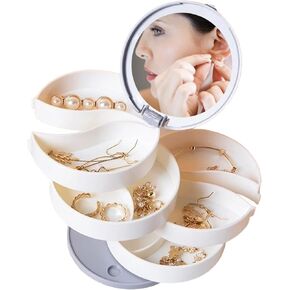 حقيبة تخزين مجوهرات دوارة صغيرة لتنظيم المجوهرات، حامل أقراط صندوق تخزين مجوهرات مرآة للنساء، علبة مجوهرات دوارة للسفر مكونة من 4 طبقات مع غطاء لقلائد الأقراط in Kuwait