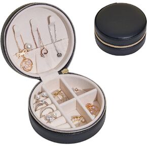 صندوق منظم المجوهرات الفاخرة ذو اللون الأسود الصغير للسفر من جلد البولي يوريثان الفاخر ومحفظة تخزين داخلية مخملية ناعمة للخواتم والأقراط والقلائد هدية للنساء والفتيات والأطفال in Kuwait