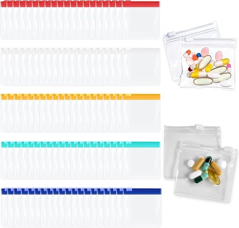 100 قطعة 3 × 3 انش حقيبة حبوب بلاستيكية بسحاب لتنظيم حبوب الدواء للسفر، منظم ادوية قابل لاعادة الاستخدام مع قفل منزلق للاغراض الصغيرة in Kuwait