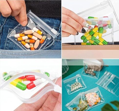 100 قطعة 3 × 3 انش حقيبة حبوب بلاستيكية بسحاب لتنظيم حبوب الدواء للسفر، منظم ادوية قابل لاعادة الاستخدام مع قفل منزلق للاغراض الصغيرة in Kuwait