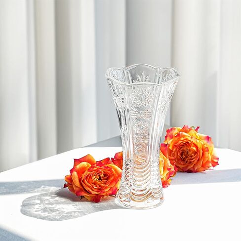مزهرية كريستال شفافة عالية 9.5 بوصة للزهور، مزهرية بتصميم زهور كريستالية سميكة، مزهرية زجاجية شفافة للزهور مزهريات تزيين الزفاف المركزية للمنزل 23.5 سم in Kuwait