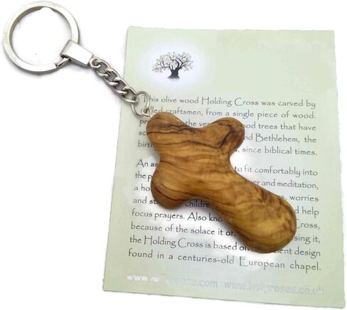 Olive Wood Comfort Cross Keyring -Holding Cross - Prayer Cross Handheld Design - Fits Comfortably in Your Hand - With Explanation Card and Psalm 23 - Expertly Crafted in Bethlehem in Kuwait