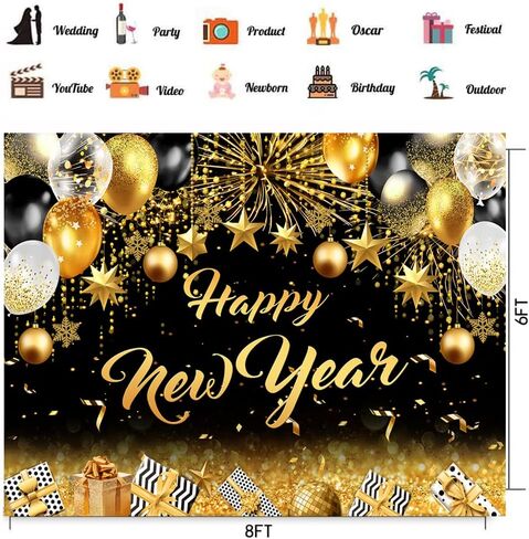 CHAIYA 7x5ft 2024 Happy New Year Backdrop Black and Gold Photography Background New Year Eve Party Decoration SNew Year Holiday Party Banner CY-254 in Kuwait