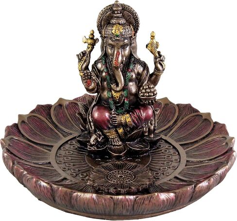 Top Collection 3.5" H 5" Dia. Ganesha Round Lotus Plate Incense Tea Light Holder Burner. Hindu Elephant God of Success. Bronze Powder Mixed with Resin. Bronze Finish with Color Accents. in Saudi Arabia