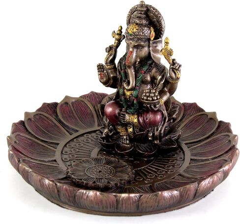 Top Collection 3.5" H 5" Dia. Ganesha Round Lotus Plate Incense Tea Light Holder Burner. Hindu Elephant God of Success. Bronze Powder Mixed with Resin. Bronze Finish with Color Accents. in Saudi Arabia