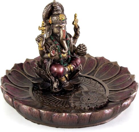 Top Collection 3.5" H 5" Dia. Ganesha Round Lotus Plate Incense Tea Light Holder Burner. Hindu Elephant God of Success. Bronze Powder Mixed with Resin. Bronze Finish with Color Accents. in Saudi Arabia