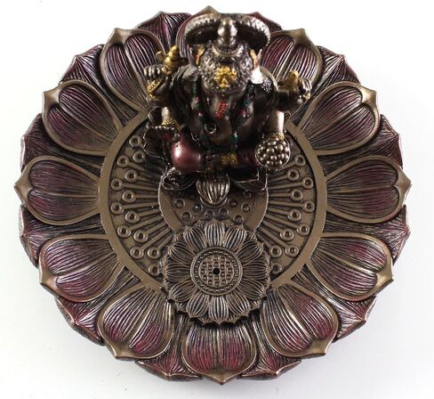 Top Collection 3.5" H 5" Dia. Ganesha Round Lotus Plate Incense Tea Light Holder Burner. Hindu Elephant God of Success. Bronze Powder Mixed with Resin. Bronze Finish with Color Accents. in Saudi Arabia