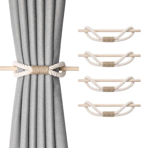 NICEEC 2 Pack Natural Cotton Rope Curtain Tiebacks Boho Rustic Style Decorative Drape Tie Backs Farmhouse Hand-Woven Rope Curtain Holdbacks with Wood Club for Home & Office Drapery (Cotton knot-Beige) in Saudi Arabia