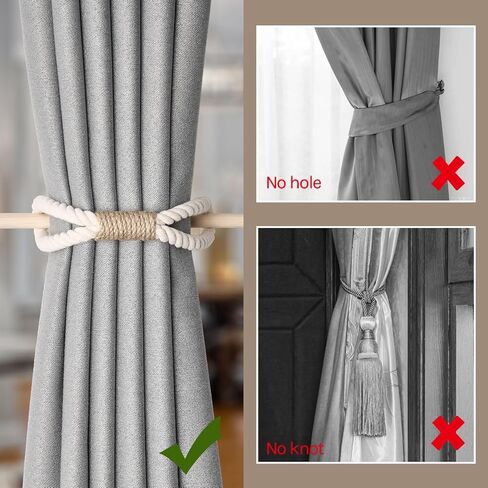 NICEEC 2 Pack Natural Cotton Rope Curtain Tiebacks Boho Rustic Style Decorative Drape Tie Backs Farmhouse Hand-Woven Rope Curtain Holdbacks with Wood Club for Home & Office Drapery (Cotton knot-Beige) in Saudi Arabia