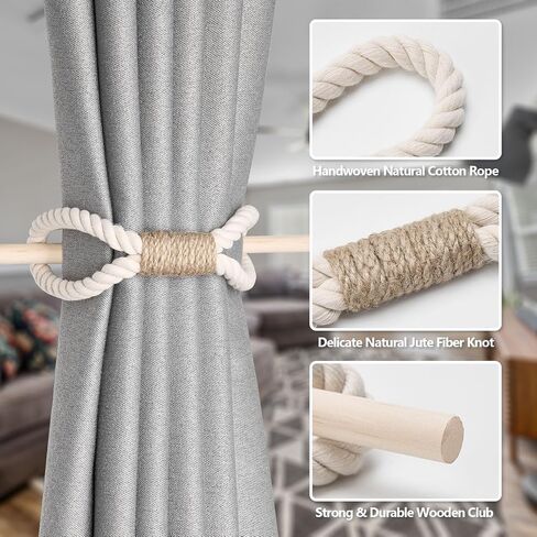 NICEEC 2 Pack Natural Cotton Rope Curtain Tiebacks Boho Rustic Style Decorative Drape Tie Backs Farmhouse Hand-Woven Rope Curtain Holdbacks with Wood Club for Home & Office Drapery (Cotton knot-Beige) in Saudi Arabia