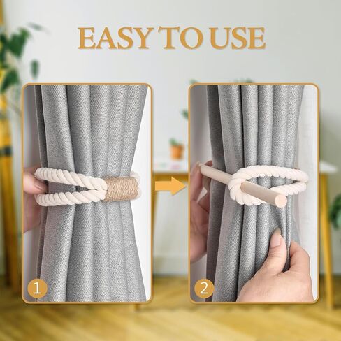 NICEEC 2 Pack Natural Cotton Rope Curtain Tiebacks Boho Rustic Style Decorative Drape Tie Backs Farmhouse Hand-Woven Rope Curtain Holdbacks with Wood Club for Home & Office Drapery (Cotton knot-Beige) in Saudi Arabia
