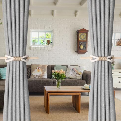 NICEEC 2 Pack Natural Cotton Rope Curtain Tiebacks Boho Rustic Style Decorative Drape Tie Backs Farmhouse Hand-Woven Rope Curtain Holdbacks with Wood Club for Home & Office Drapery (Cotton knot-Beige) in Saudi Arabia