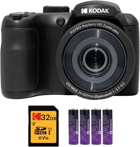 حزمة كاميرا رقمية Kodak PIXPRO AZ255 Astro Zoom 16 ميجابكسل (أسود) مع بطاقة SD كوداك 32 جيجابايت وبطاريات AA (4 عبوات) (3 قطع) in Saudi Arabia