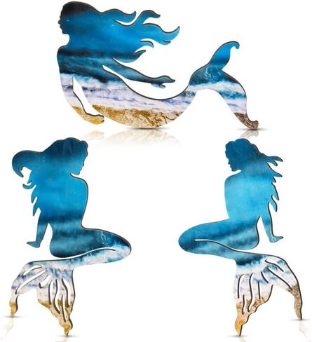 جيويو جوليري 3 قطع ديكور فني جداري بتصميم حورية البحر، ديكور حائط خشبي بتصميم حورية البحر، منحوتات معلقة بنمط ريفي لديكور الحمام الداخلي والخارجي وحمام السباحة والمكتب in Kuwait