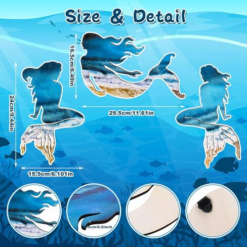 جيويو جوليري 3 قطع ديكور فني جداري بتصميم حورية البحر، ديكور حائط خشبي بتصميم حورية البحر، منحوتات معلقة بنمط ريفي لديكور الحمام الداخلي والخارجي وحمام السباحة والمكتب in Kuwait