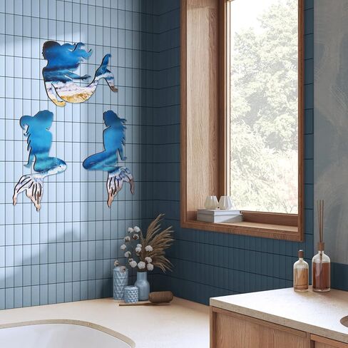 جيويو جوليري 3 قطع ديكور فني جداري بتصميم حورية البحر، ديكور حائط خشبي بتصميم حورية البحر، منحوتات معلقة بنمط ريفي لديكور الحمام الداخلي والخارجي وحمام السباحة والمكتب in Kuwait