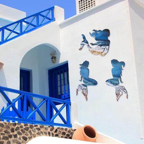 جيويو جوليري 3 قطع ديكور فني جداري بتصميم حورية البحر، ديكور حائط خشبي بتصميم حورية البحر، منحوتات معلقة بنمط ريفي لديكور الحمام الداخلي والخارجي وحمام السباحة والمكتب in Kuwait