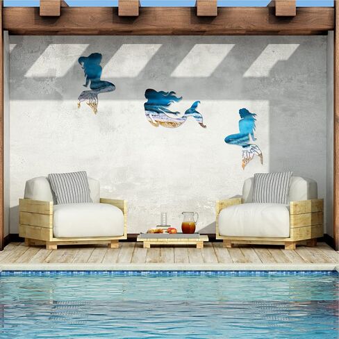 جيويو جوليري 3 قطع ديكور فني جداري بتصميم حورية البحر، ديكور حائط خشبي بتصميم حورية البحر، منحوتات معلقة بنمط ريفي لديكور الحمام الداخلي والخارجي وحمام السباحة والمكتب in Kuwait