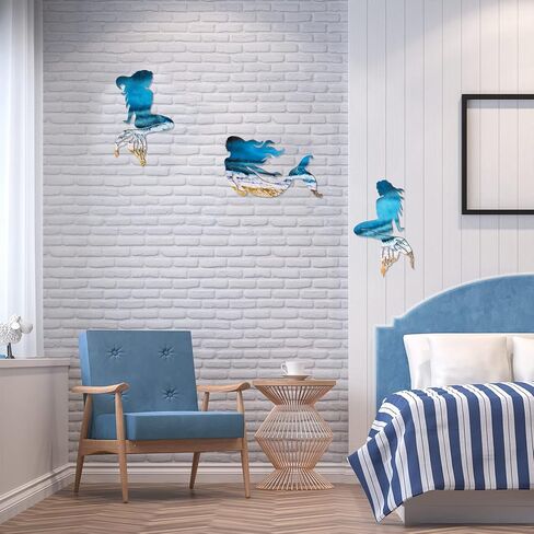 جيويو جوليري 3 قطع ديكور فني جداري بتصميم حورية البحر، ديكور حائط خشبي بتصميم حورية البحر، منحوتات معلقة بنمط ريفي لديكور الحمام الداخلي والخارجي وحمام السباحة والمكتب in Kuwait