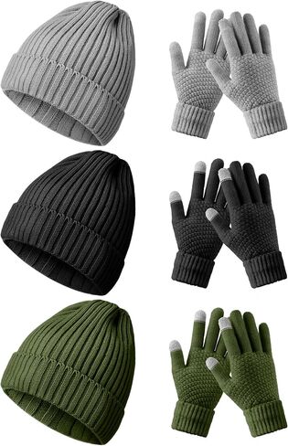6 Pieces Women Winter Beanie Hat Gloves Set, Thick Warm Knitted Skull Cap Touchscreen Gloves Unisex in Saudi Arabia