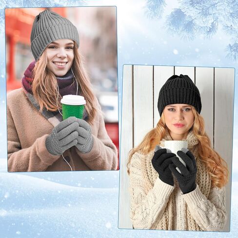 6 Pieces Women Winter Beanie Hat Gloves Set, Thick Warm Knitted Skull Cap Touchscreen Gloves Unisex in Saudi Arabia