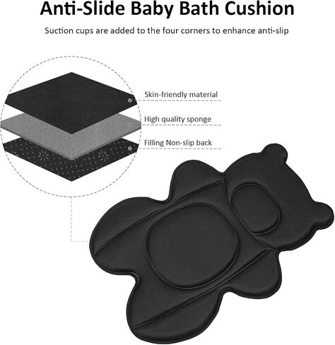 Rezlli Infant Baby Bath Cushion,Fits Inside Most Baby Bathtubs, Breathable Soft Baby Bath Support Seat,Baby Bath Pad Bath Pillow for Bathtub,Newborn Bath Mat with 4 Suction Cups,Black in Saudi Arabia