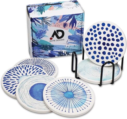 AD Set of 6 Coasters for Drinks Absorbing Round Ceramic Stone Coaster with Cork Base,Tabletop Protection Mat for Mugs and Cups,Office,Kitchen (Blue Watercolor Series) in Kuwait