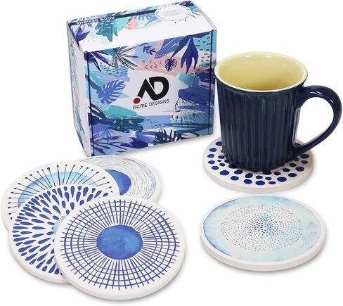 AD Set of 6 Coasters for Drinks Absorbing Round Ceramic Stone Coaster with Cork Base,Tabletop Protection Mat for Mugs and Cups,Office,Kitchen (Blue Watercolor Series) in Kuwait