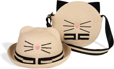 Girl Summer Hat for Girl Toddler Kitty Beach Hat and Bag Set Adjustable Sunhat Beige in Saudi Arabia