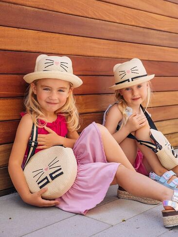 Girl Summer Hat for Girl Toddler Kitty Beach Hat and Bag Set Adjustable Sunhat Beige in Saudi Arabia