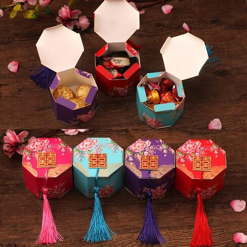 صندوق حلوى Lorigun على الطراز الصيني صندوق حلوى الزفاف الخشبي صندوق مزدوج Xi Word هو صندوق مثمن احتفالي ميمون ومتمني صندوق هدايا صندوق حلويات خشبي مجوف مع شرابات لمفضلات الزفاف 10 قطع in Kuwait