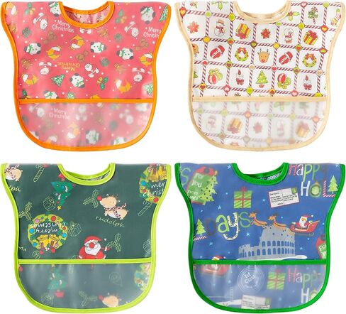 2ooya 4 قطع مريلة عيد الميلاد للأطفال مريلة مضادة للماء للأطفال الصغار مريلة تغذية مع جيب لالتقاط الفتات للرضع قابل للتعديل مريلة طعام للتسنين هدية تذكارية لعيد الميلاد (6-12 شهرًا) in Kuwait