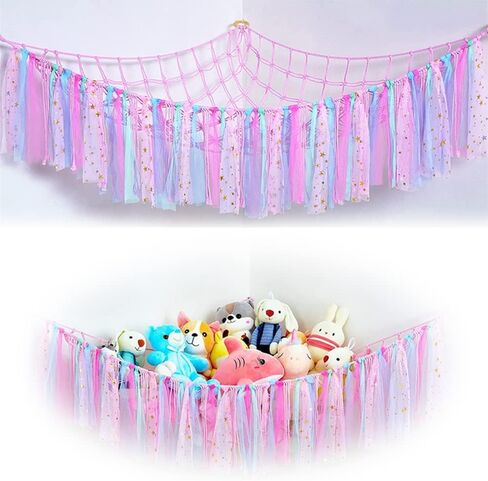 أرجوحة لعبة الحيوانات المحشوة من LIOUCBD Boho مع شرابات ملونة، شبكة حيوانات محشوة معلقة أو زاوية أرجوحة، حامل منظم لتخزين الألعاب المحشوة لغرفة نوم الأطفال (وردي) in Kuwait