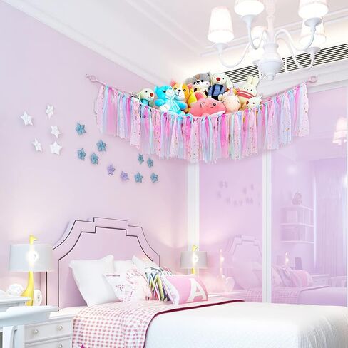 أرجوحة لعبة الحيوانات المحشوة من LIOUCBD Boho مع شرابات ملونة، شبكة حيوانات محشوة معلقة أو زاوية أرجوحة، حامل منظم لتخزين الألعاب المحشوة لغرفة نوم الأطفال (وردي) in Kuwait