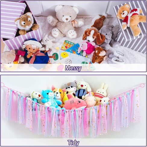 أرجوحة لعبة الحيوانات المحشوة من LIOUCBD Boho مع شرابات ملونة، شبكة حيوانات محشوة معلقة أو زاوية أرجوحة، حامل منظم لتخزين الألعاب المحشوة لغرفة نوم الأطفال (وردي) in Kuwait