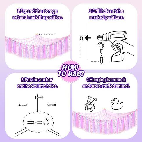 أرجوحة لعبة الحيوانات المحشوة من LIOUCBD Boho مع شرابات ملونة، شبكة حيوانات محشوة معلقة أو زاوية أرجوحة، حامل منظم لتخزين الألعاب المحشوة لغرفة نوم الأطفال (وردي) in Kuwait