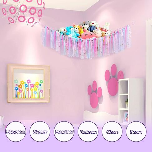 أرجوحة لعبة الحيوانات المحشوة من LIOUCBD Boho مع شرابات ملونة، شبكة حيوانات محشوة معلقة أو زاوية أرجوحة، حامل منظم لتخزين الألعاب المحشوة لغرفة نوم الأطفال (وردي) in Kuwait