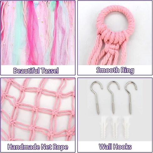 أرجوحة لعبة الحيوانات المحشوة من LIOUCBD Boho مع شرابات ملونة، شبكة حيوانات محشوة معلقة أو زاوية أرجوحة، حامل منظم لتخزين الألعاب المحشوة لغرفة نوم الأطفال (وردي) in Kuwait