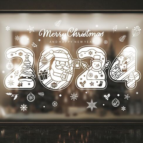 2024 ملصقات نافذة عيد الميلاد المجيد، ملصقات نافذة عيد الميلاد اللطيفة لرجل الثلج سانتا كلوز باللون الأبيض على الوجهين وسنة جديدة سعيدة وشتوية شجرة عيد الميلاد والأيائل للعطلات لتزيين حفلات المنزل in Kuwait