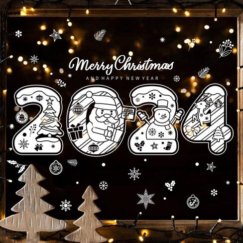2024 ملصقات نافذة عيد الميلاد المجيد، ملصقات نافذة عيد الميلاد اللطيفة لرجل الثلج سانتا كلوز باللون الأبيض على الوجهين وسنة جديدة سعيدة وشتوية شجرة عيد الميلاد والأيائل للعطلات لتزيين حفلات المنزل in Kuwait