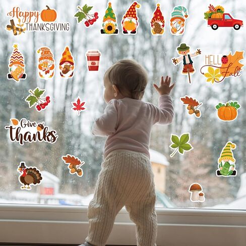 21 Pcs Thanksgiving Day Window Clings Autumn Window Gel Clings Fall Window Stickers for Toddler Turkey Pumpkin Gnome Maple Fall Window Decor Thanksgiving Decals for Windows Thanksgiving Window Decals in Saudi Arabia