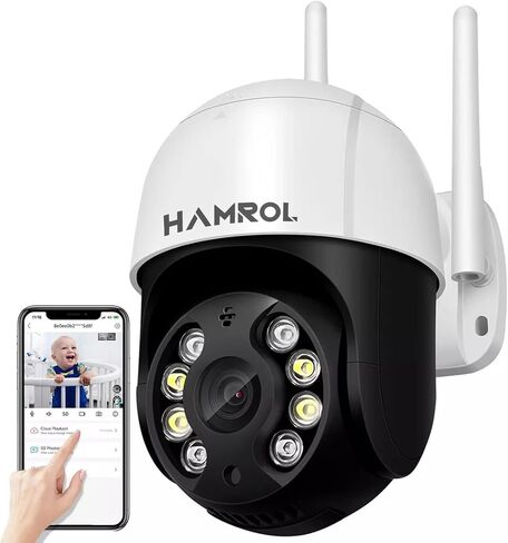 كاميرا مراقبة HAMROL في الهواء الطلق، كاميرا أمان واي فاي قابلة للإمالة رؤية 360 درجة، كاميرا أمان منزلية HD1080P، كشف الحركة، رؤية ليلية ملونة، صوت ثنائي الاتجاه، مقاومة للماء in Kuwait