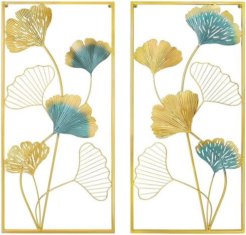 منحوتات جدارية معدنية من ال اس تي سي بي جي ال اي اي مقاس 33.5 انش × 15.75 انش على شكل اوراق الجنكة لديكور المنزل مع اطار للمطبخ وغرفة النوم وغرفة المعيشة وغرفة الدراسة والمنزل والمكتب (مجموعة من in Kuwait