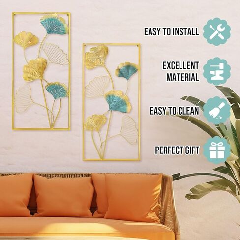 منحوتات جدارية معدنية من ال اس تي سي بي جي ال اي اي مقاس 33.5 انش × 15.75 انش على شكل اوراق الجنكة لديكور المنزل مع اطار للمطبخ وغرفة النوم وغرفة المعيشة وغرفة الدراسة والمنزل والمكتب (مجموعة من in Kuwait