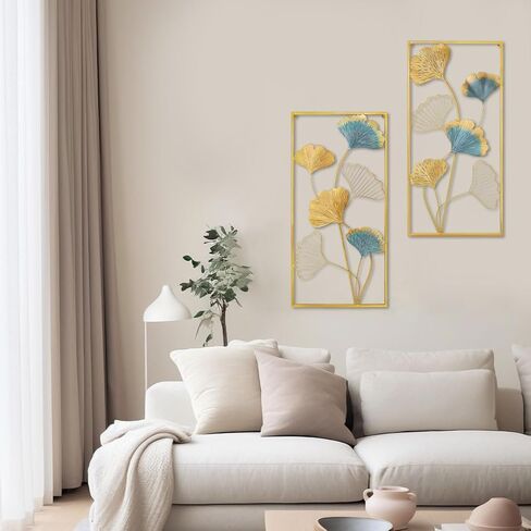 منحوتات جدارية معدنية من ال اس تي سي بي جي ال اي اي مقاس 33.5 انش × 15.75 انش على شكل اوراق الجنكة لديكور المنزل مع اطار للمطبخ وغرفة النوم وغرفة المعيشة وغرفة الدراسة والمنزل والمكتب (مجموعة من in Kuwait